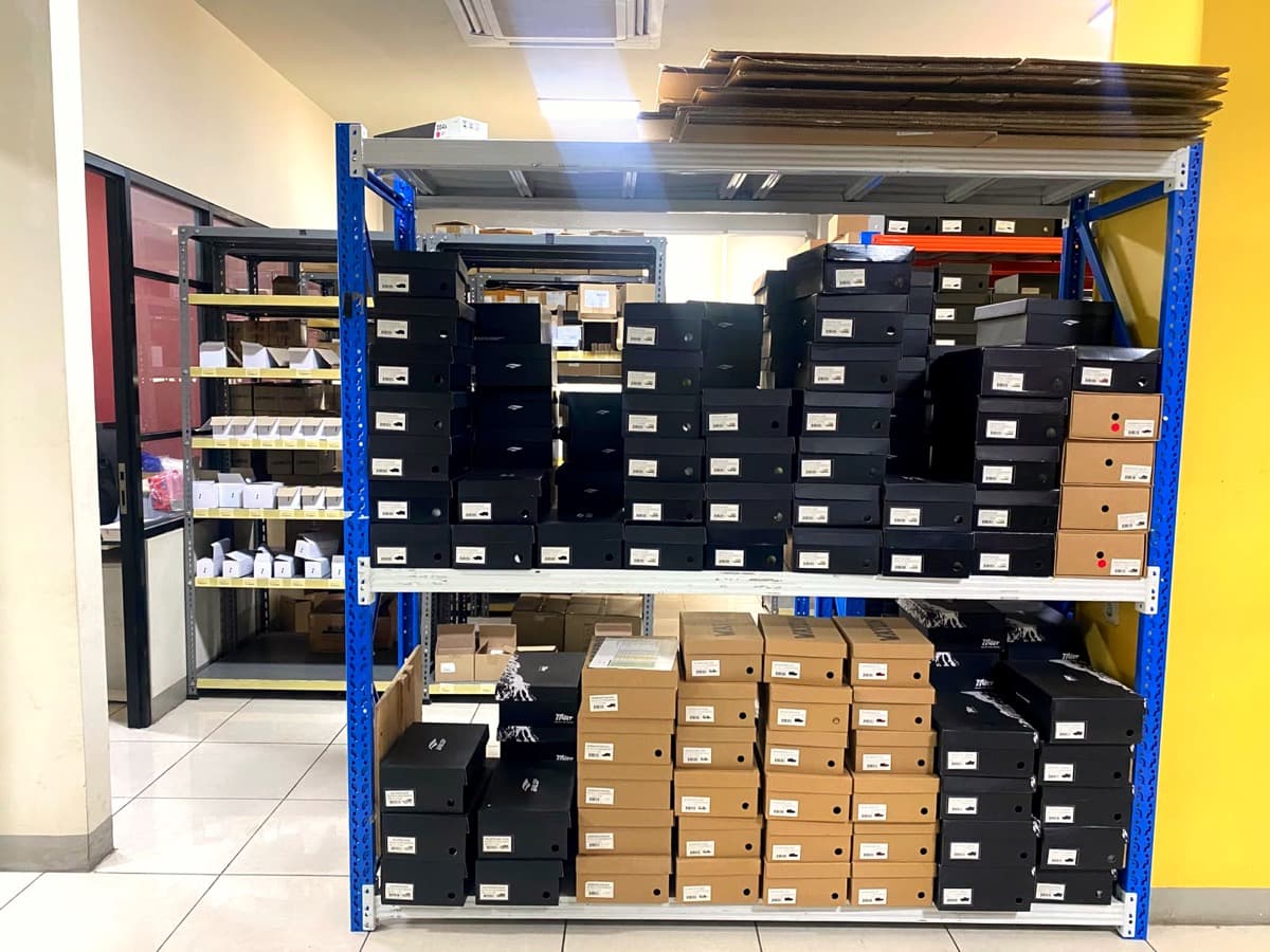 Shelves of packed goods ready for dispatch